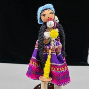Handcrafted Latin American Rag Cloth Doll 2 Babies and Spinning Spool Yarn 11"